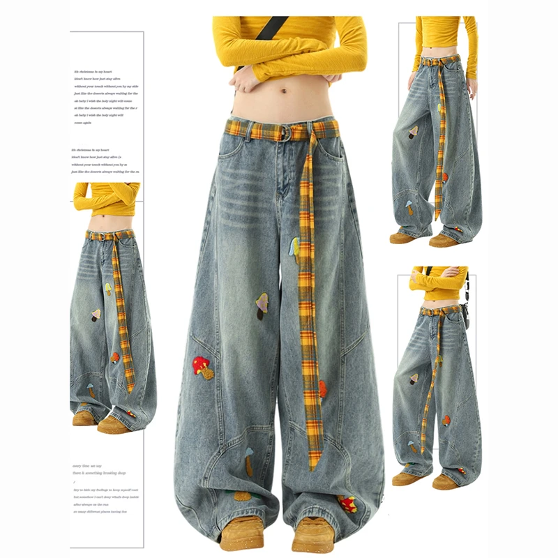 【破价+现货+送腰带】美式复古阔腿设计感垂感裤女刺绣弯刀牛仔裤