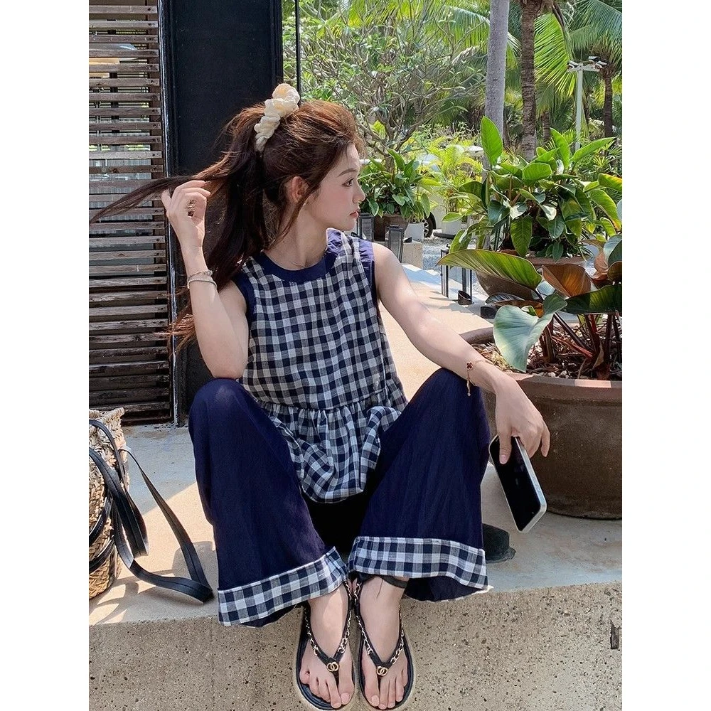 韩系高级感慵懒风格子无袖背心上衣女夏季新款宽松阔腿裤两件套