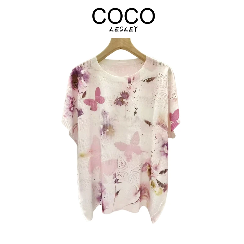 COCO LESLEY仿天丝蝴蝶花卉印花图案短袖针织衫时尚圆领套头