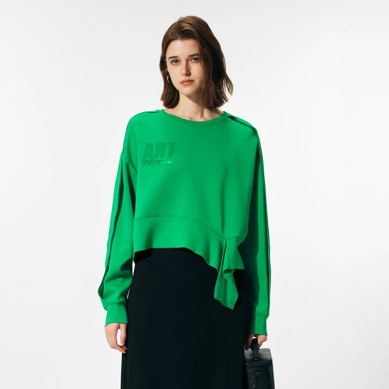 U/TI 莫代尔绿色不规则设计感卫衣女短款休闲百搭运动风休闲上衣