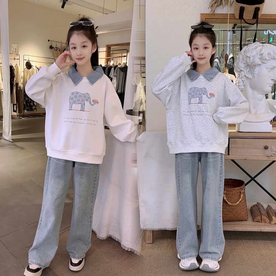 女童春装套装2025新款大童牛仔领卫衣直筒裤儿童春秋套装中大童