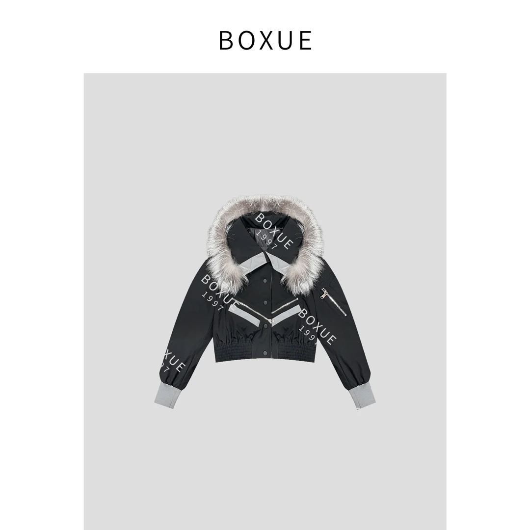 BOXUE “墨安”2024冬季高级感90白鹅绒服银狐毛领 外套#240619W410