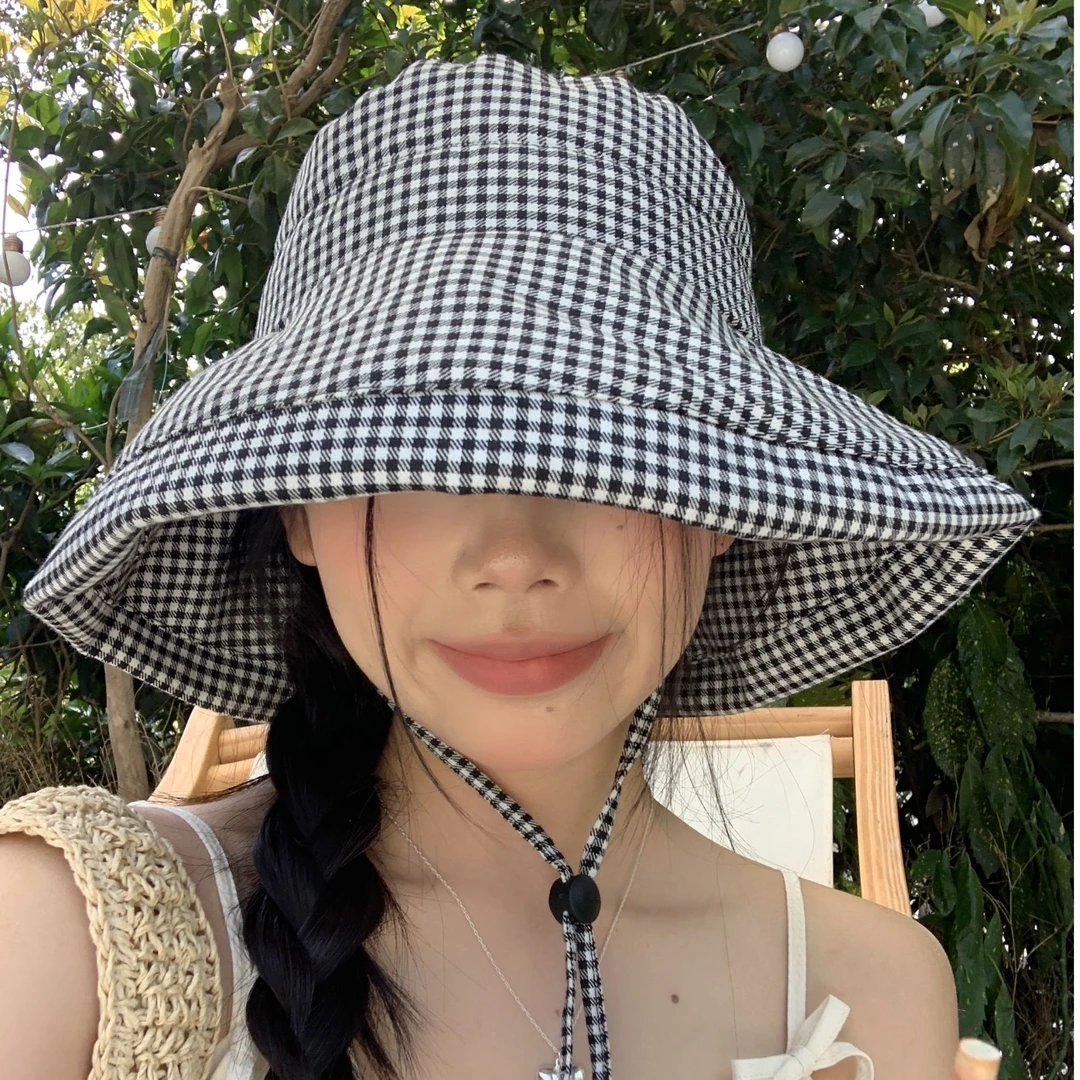 迈洛森韩系ins格子大帽檐渔夫帽女春夏款防紫外线防晒遮阳帽