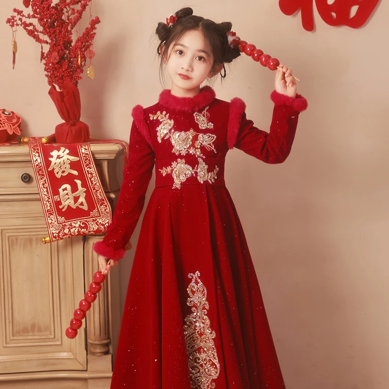【钰格格】女童汉新款加绒加厚洋气超仙红色中国风唐装汉服古风秋冬