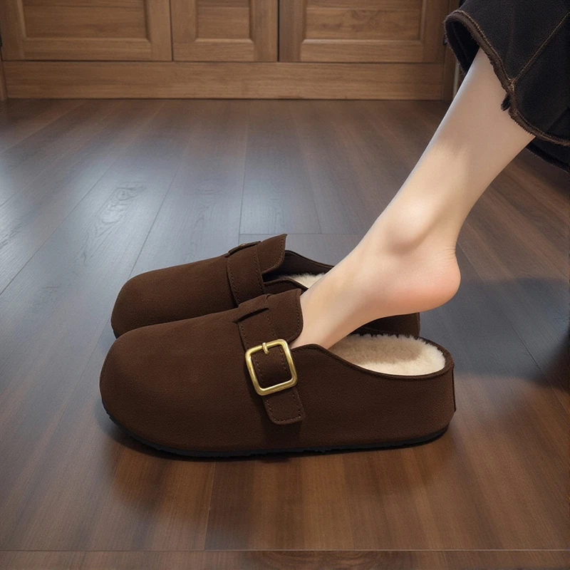勃肯包头半拖鞋女外穿2025新款秋冬高级感皮带扣加绒保暖孕妇棉拖