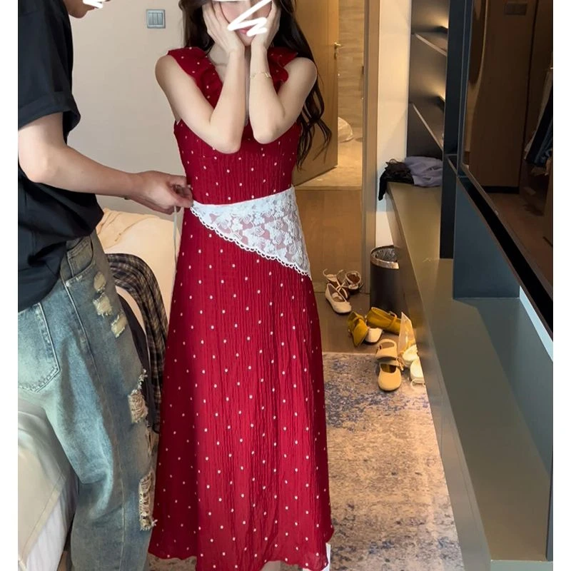 3578复古红色波点小飞袖连衣裙子女2025新款茶歇法式度假风长裙