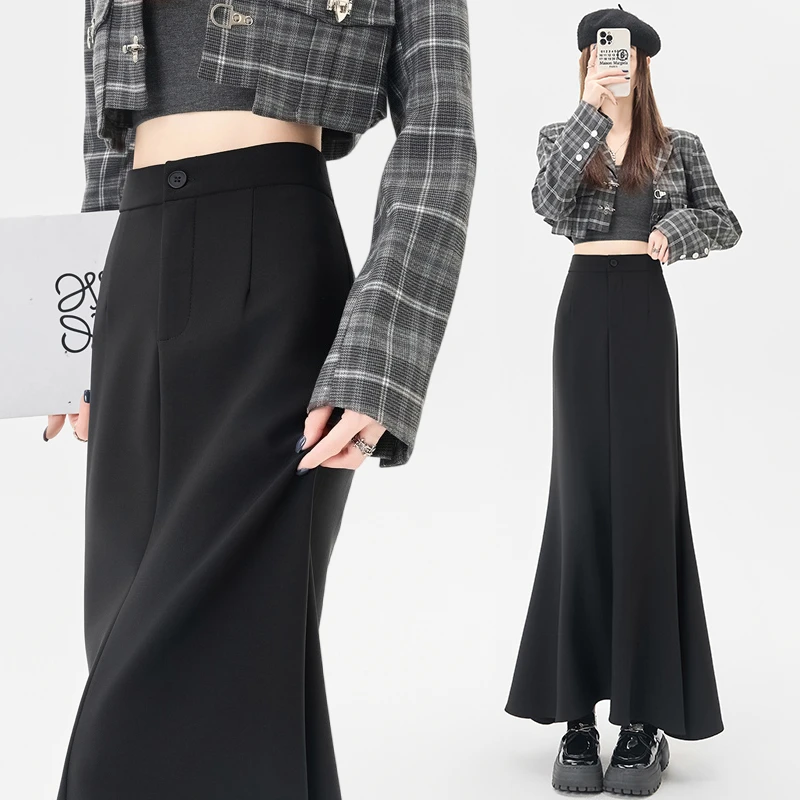 西装鱼尾半身裙女2025秋季新款中长款高腰显瘦垂感a字包臀一步裙