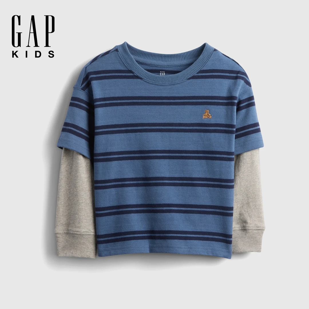 Gap男幼童2025秋季新款小熊刺绣纯棉假两件长袖T恤上衣美版814493