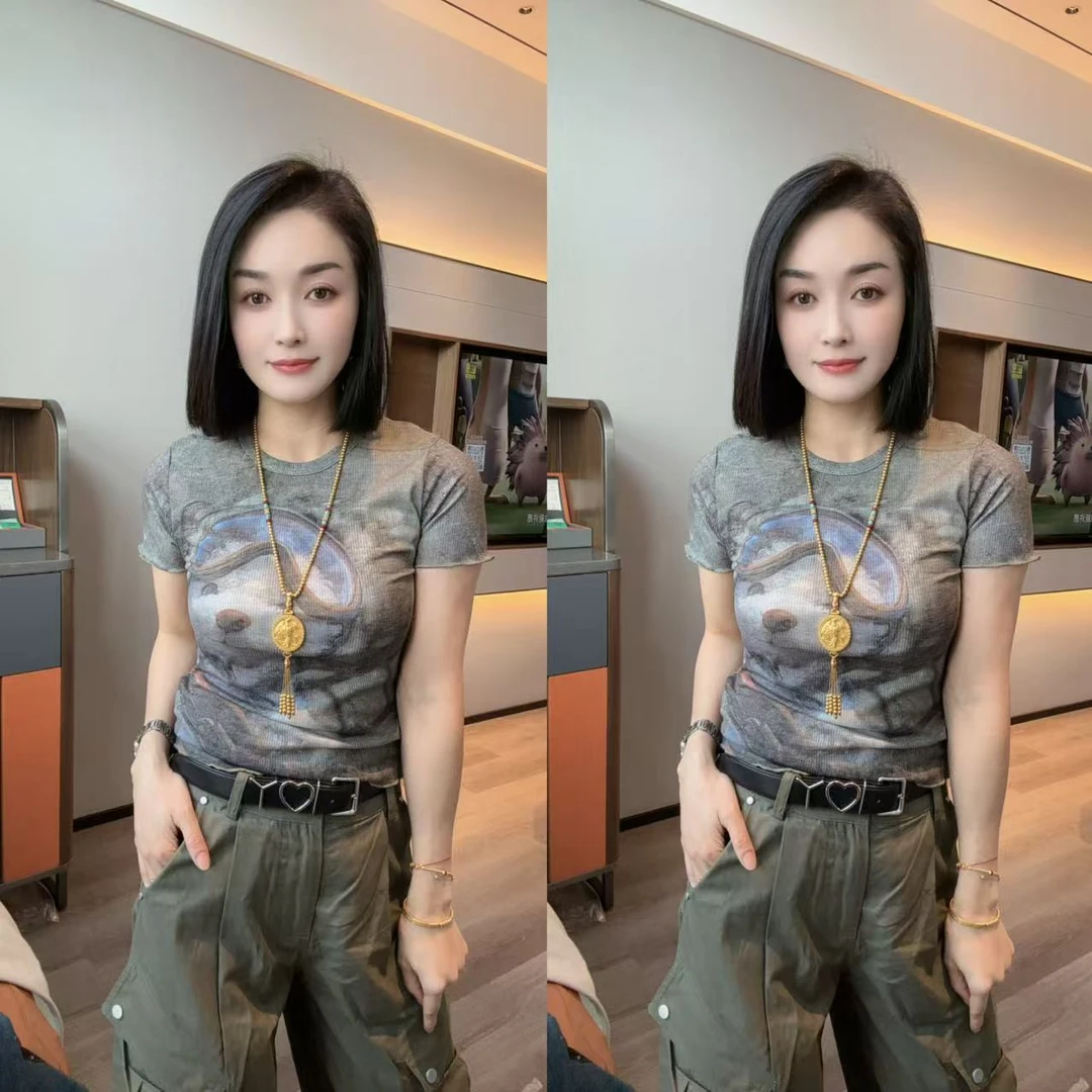 美式复古辣妹套装 个性印花短袖+军绿多口袋工装裤 炸街出街款