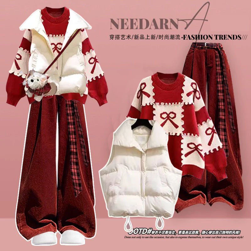 秋冬休闲套装女红色圣诞蝴蝶结针织毛衣马甲棉服显瘦阔腿裤三件套