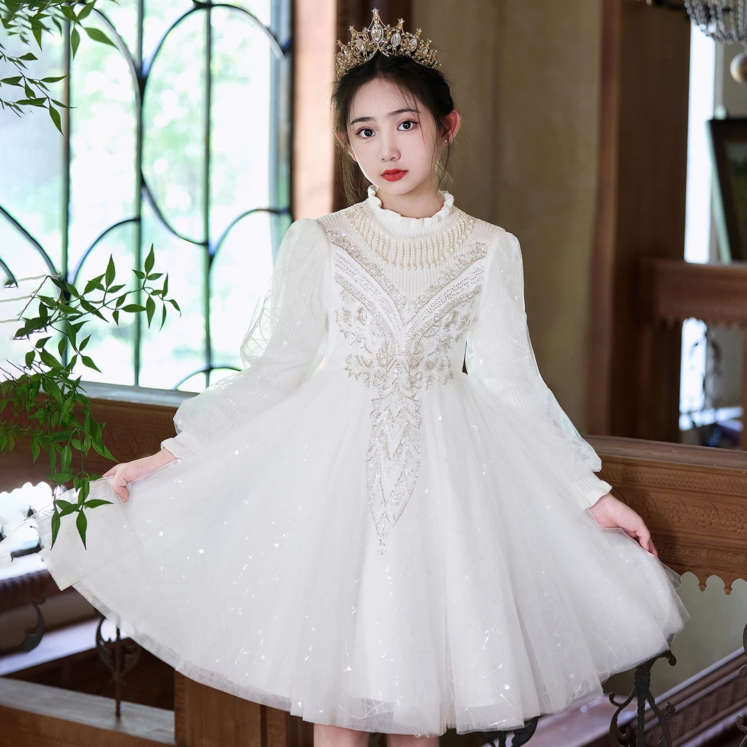 女童公主裙长袖花童礼服高端洋气女孩生日宴会儿童走秀钢琴表演服