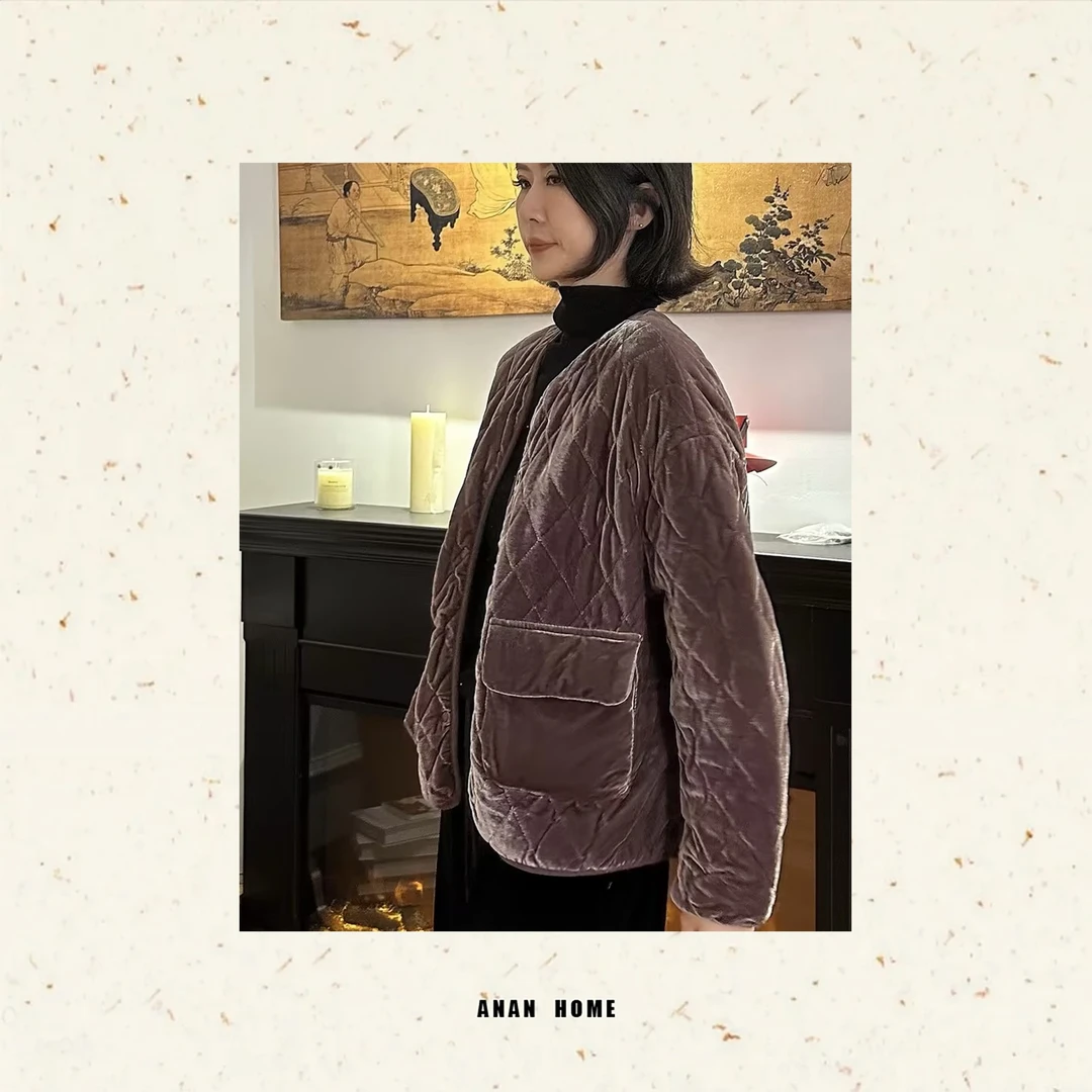 ANAN2025｜意大利进口柔软丝绒菱格圆领棉服 JD-6138X12008