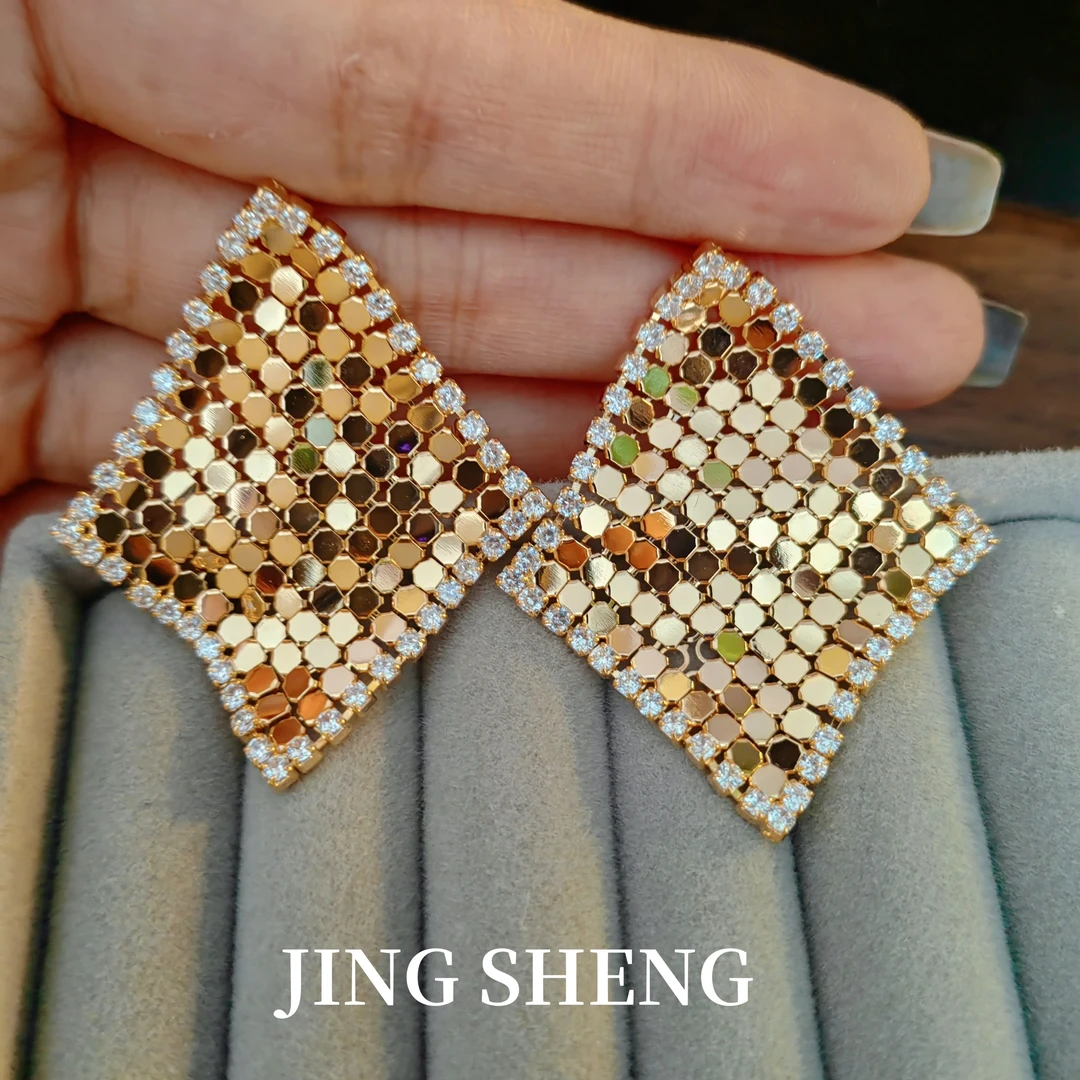 黄铜锆石耳饰 【摩登女郎】时尚轻奢设计感亮片气质925银针百搭耳环