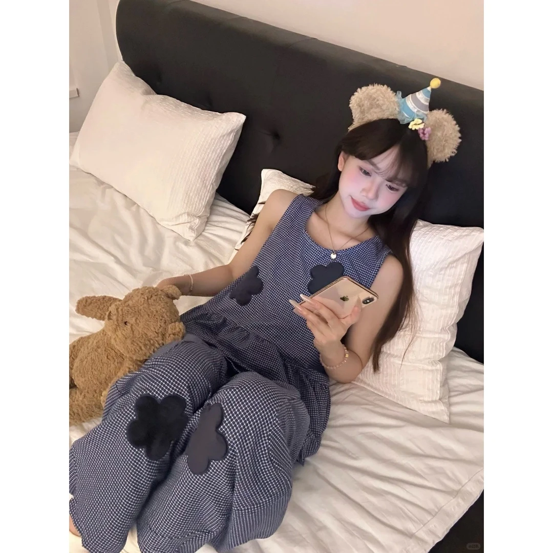 ins风花朵拼接设计感圆领无袖睡衣女夏季新款大码长裤套装家居服