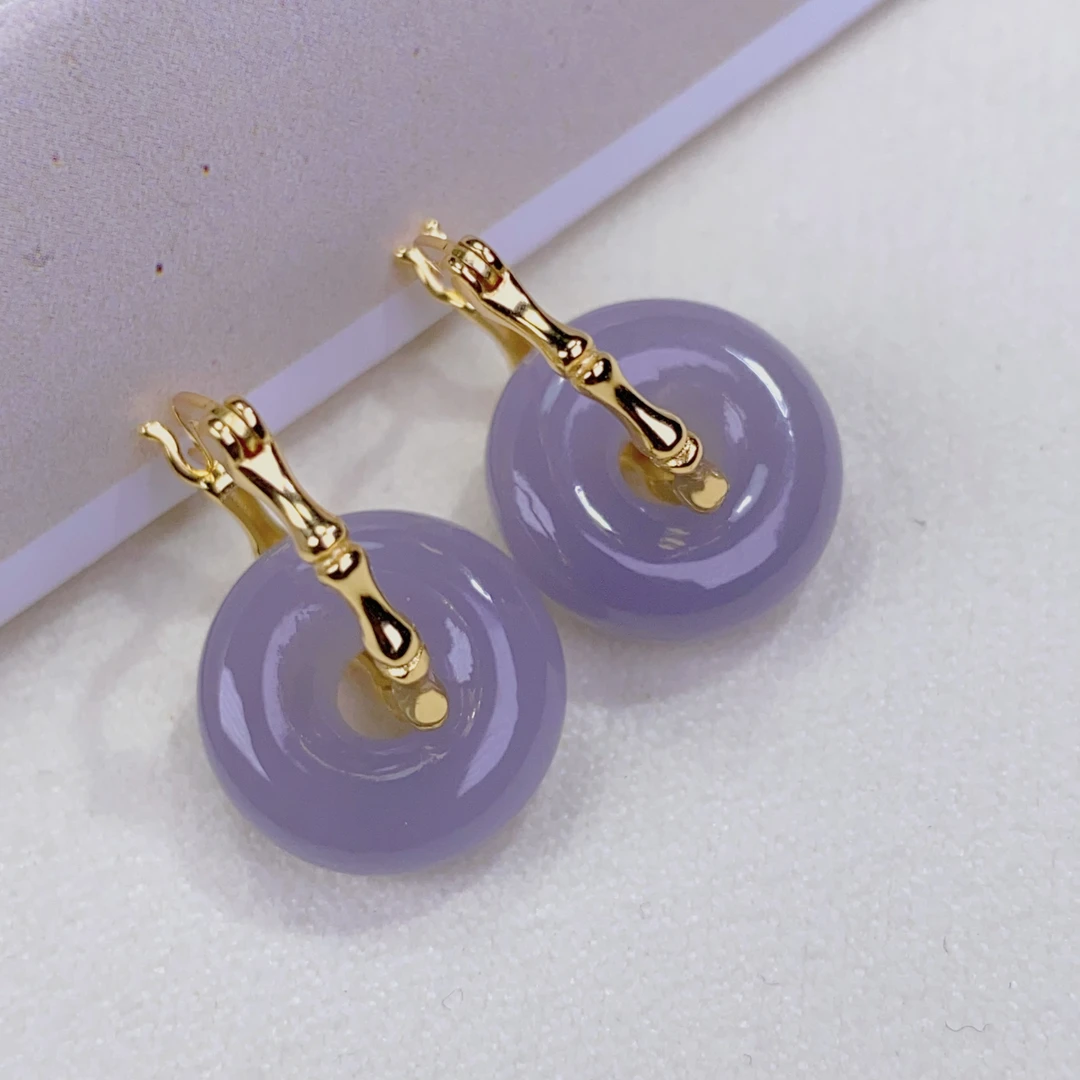 天然和田玉青海料烟紫甜甜圈925银耳环平安扣防过敏耳扣耳饰@0013