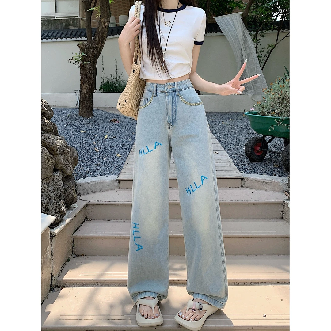 清大码女装2025夏装字母刺绣浅色阔腿牛仔裤高腰显瘦拖地裤66125