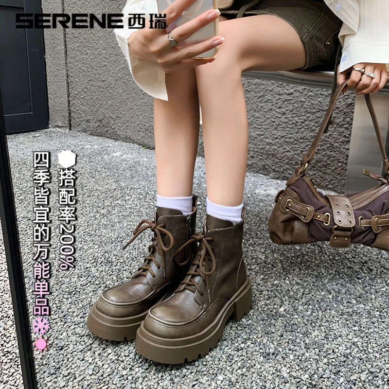 西瑞登山鞋女马丁靴秋冬明星同款百搭鞋子粗跟短靴阔腿裤必备鞋