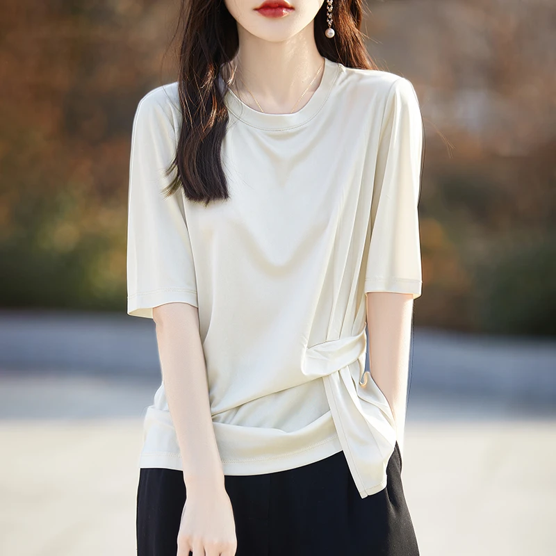 夏季新款纯色圆领醋酸短袖女设计感不规则下摆时尚高级套头T恤薄