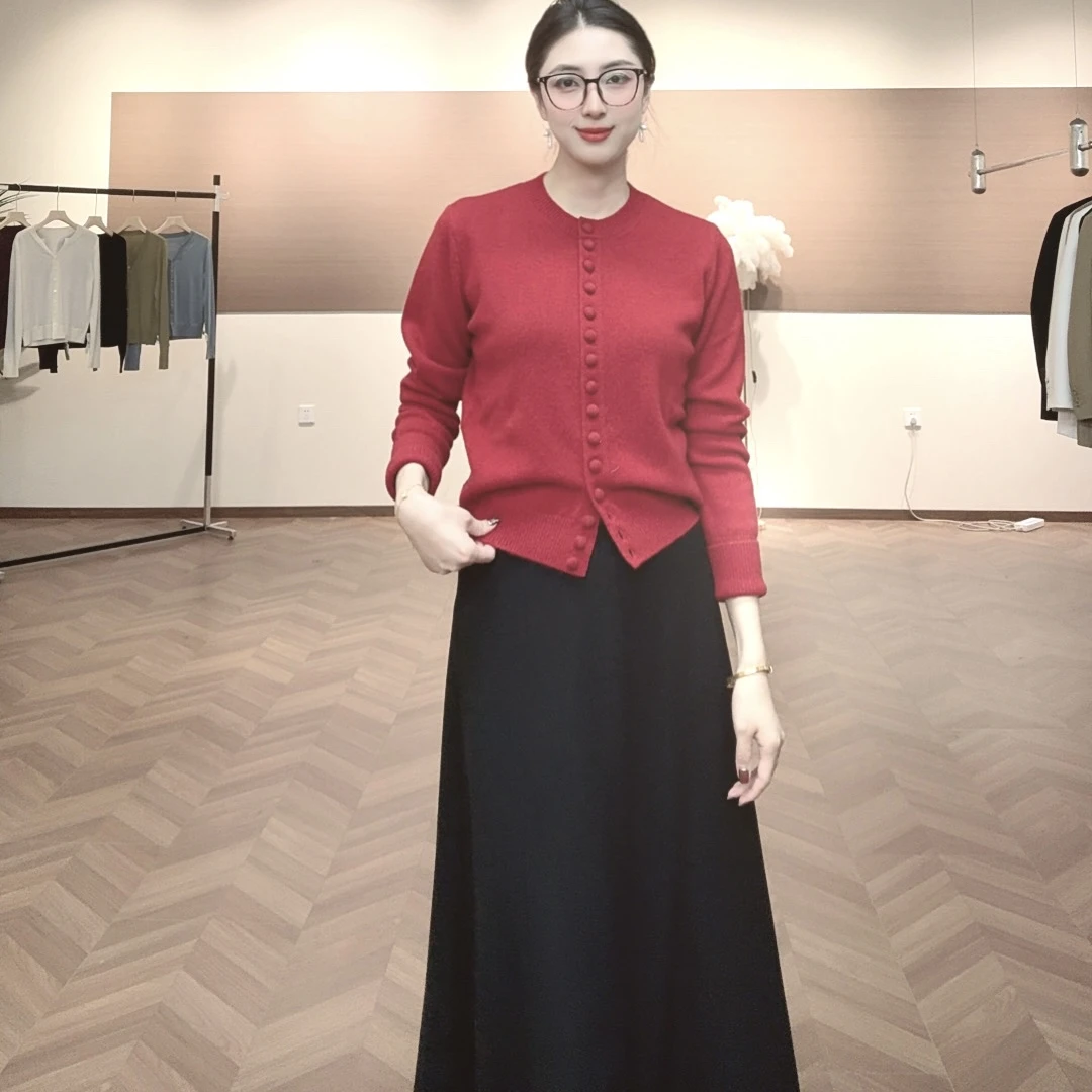 简单圆领单排扣保暖羊毛小开衫KKSS6083