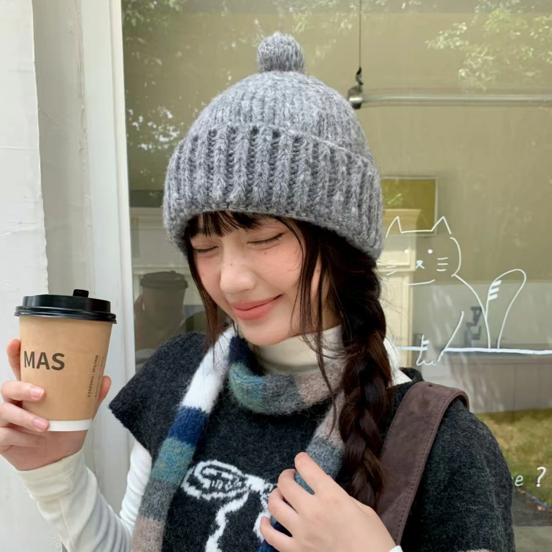【森林推荐】逗逗帽毛球毛线帽女秋冬百搭显脸小针织帽大头加厚保暖