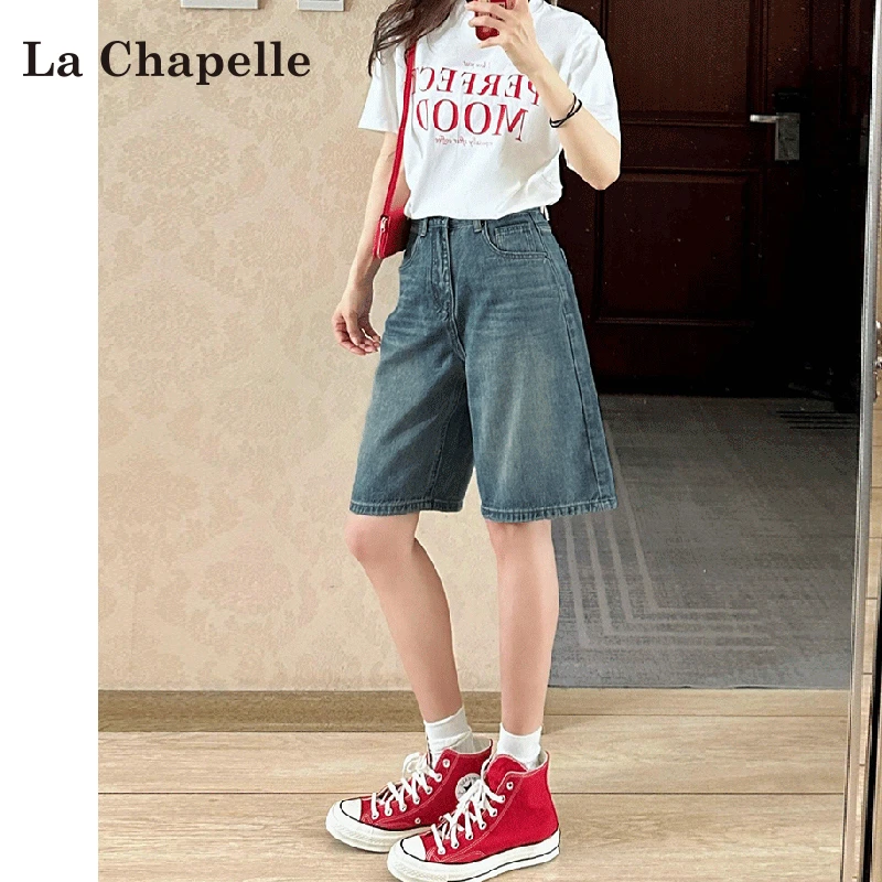 拉夏贝尔复古牛仔短裤女五分裤夏季百搭直筒宽松高腰显瘦百搭中裤