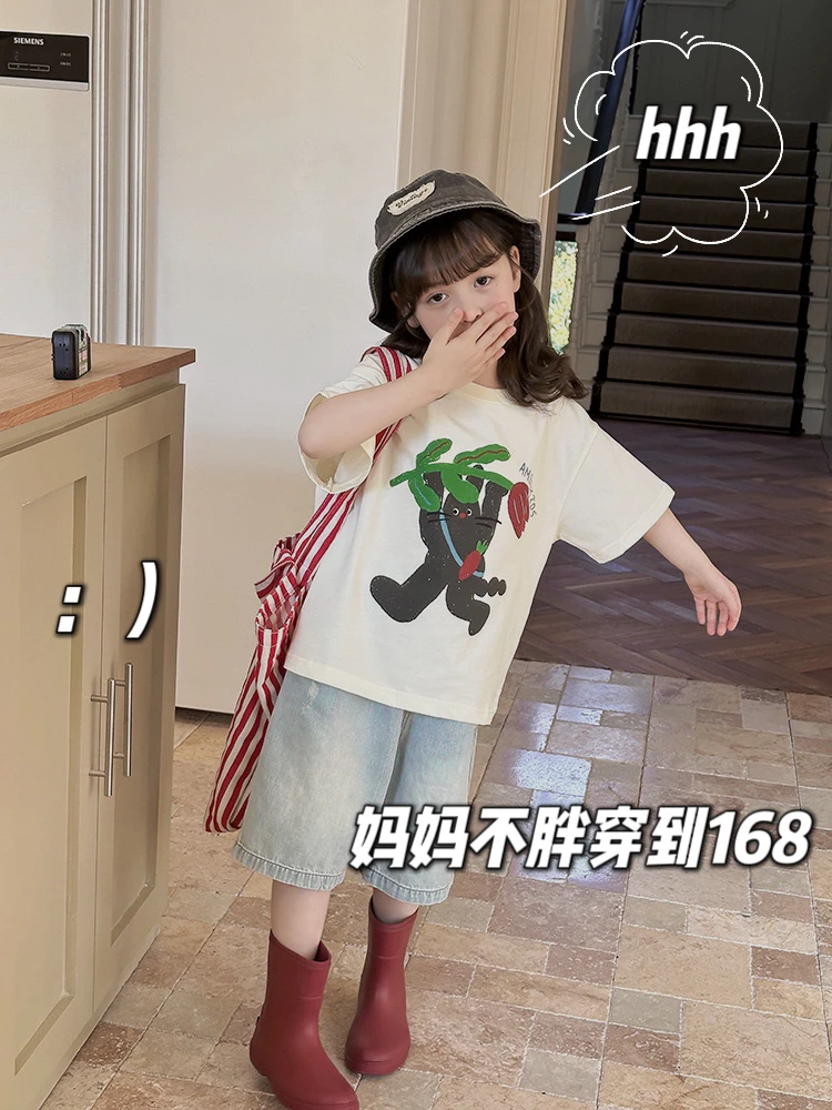 现货【小梨涡】女童夏装儿童纯棉女孩圆领t恤短袖休闲夏季短袖b156