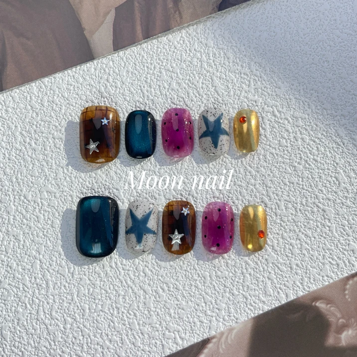 【星夜迷踪】穿戴甲成品小众个性韩系纯手工高级晕染棕咖系撞色猫眼