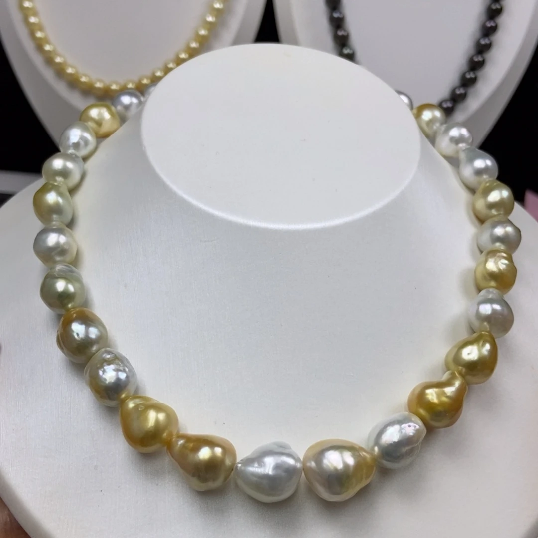 银S925镶嵌海水珍珠颈饰10-13/30颗  才，白金混彩巴洛克
