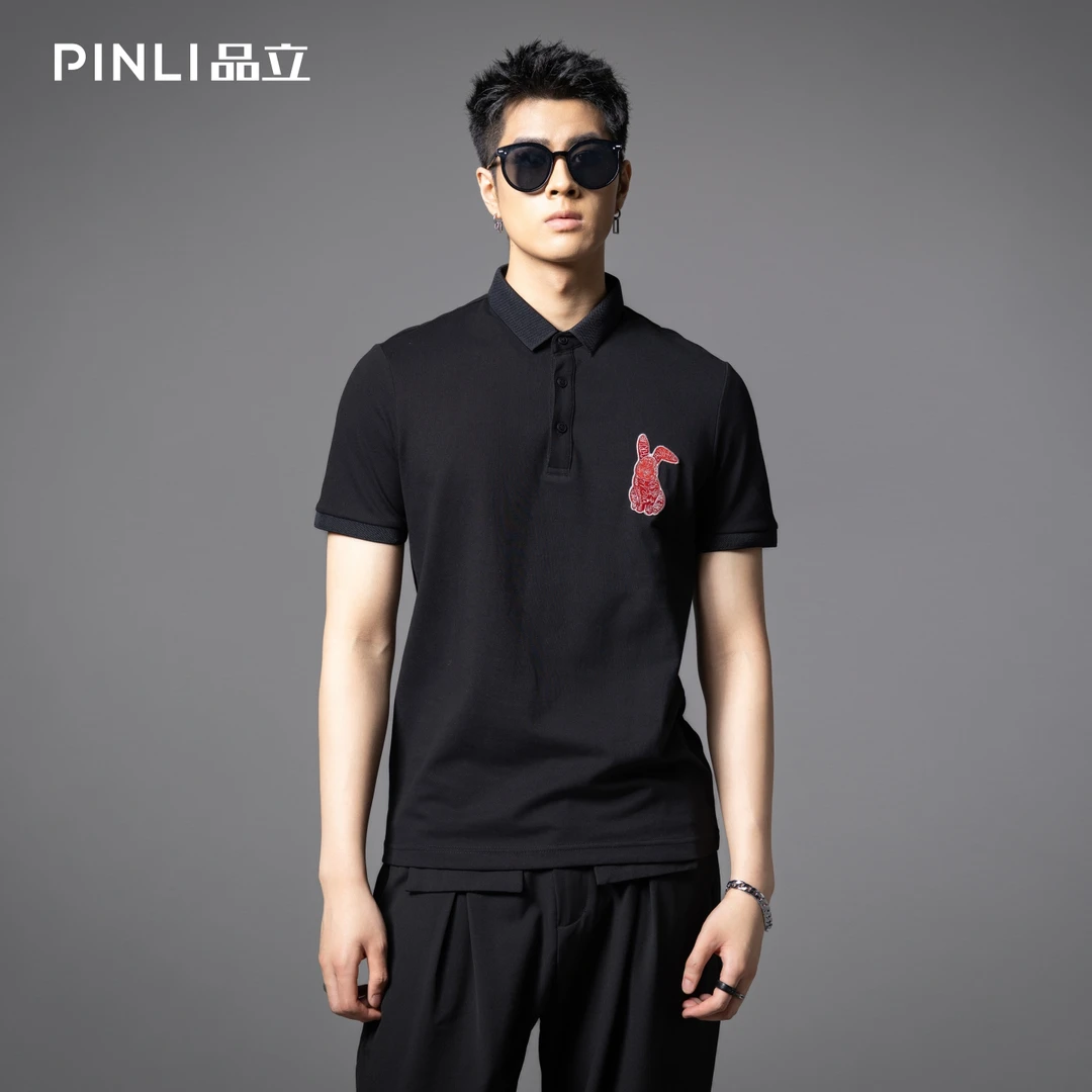 PINLI品立夏季男士修身贴布绣翻领短袖POLO衫上衣T恤BG252112094