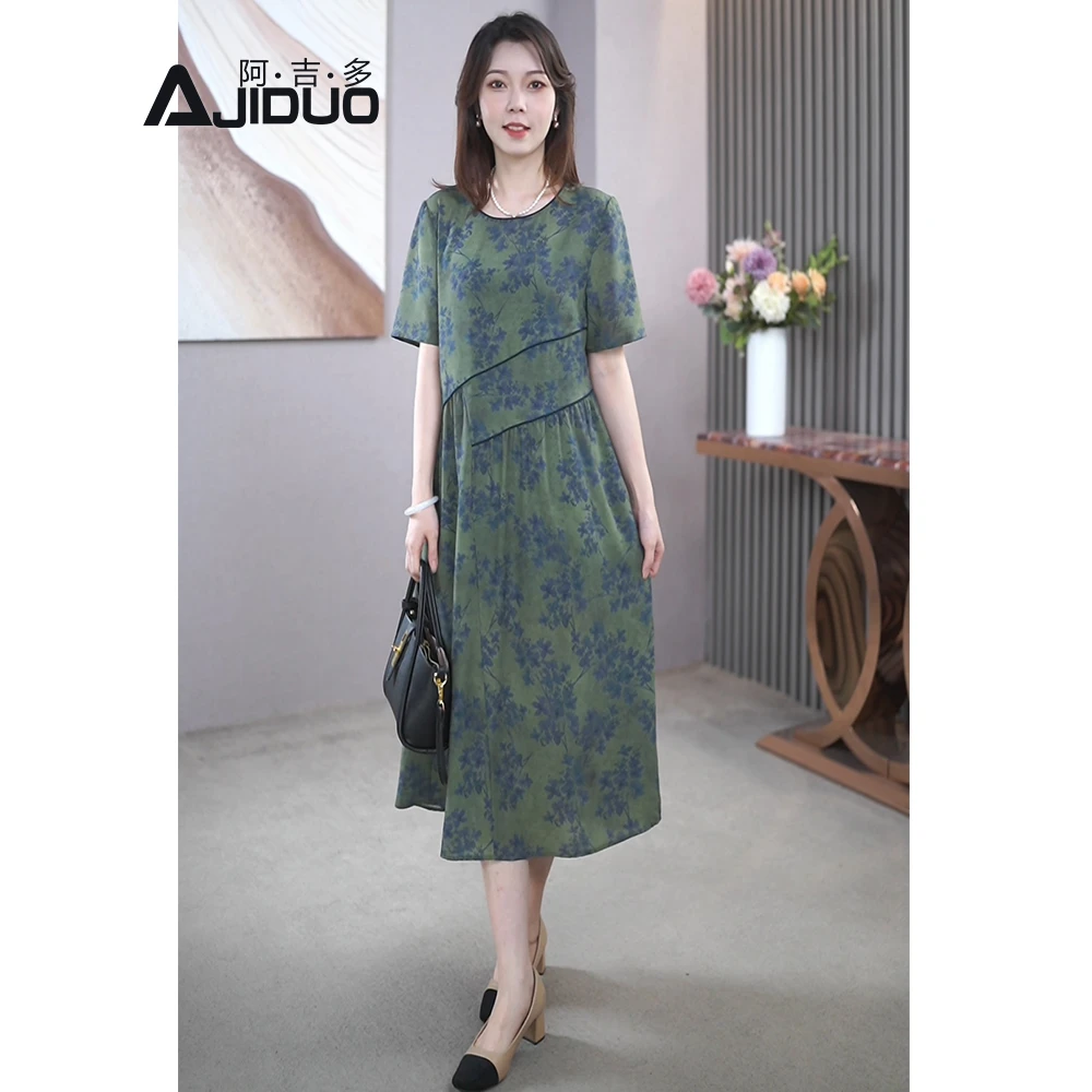 不规则拼接水墨风短袖连衣裙女夏2025新款气质感宽松显瘦中长裙