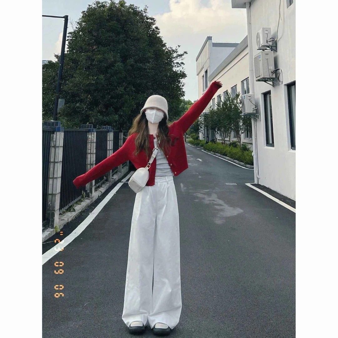 【送腰带】新款白色高腰阔腿牛仔面料长裤女时尚垂感拖地裤