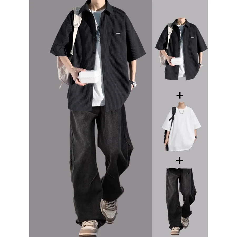 夏季短袖衬衫套装男装搭配牛仔裤休闲潮流痞帅一套搭配穿搭