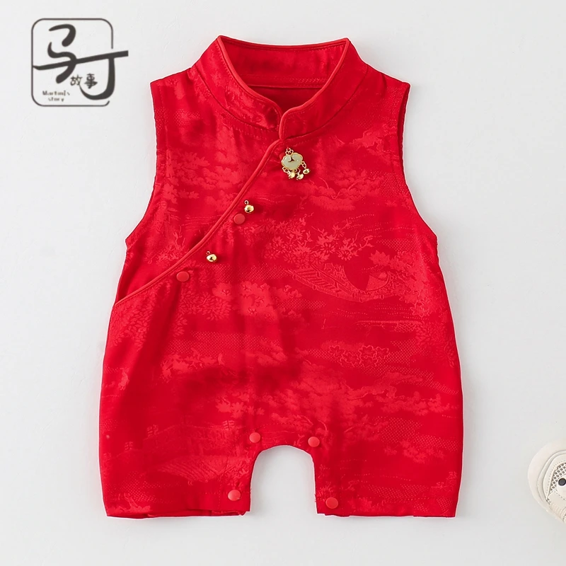 婴儿衣服夏季男女宝宝无袖连体衣满月百天爬爬服可爱国风哈衣服外