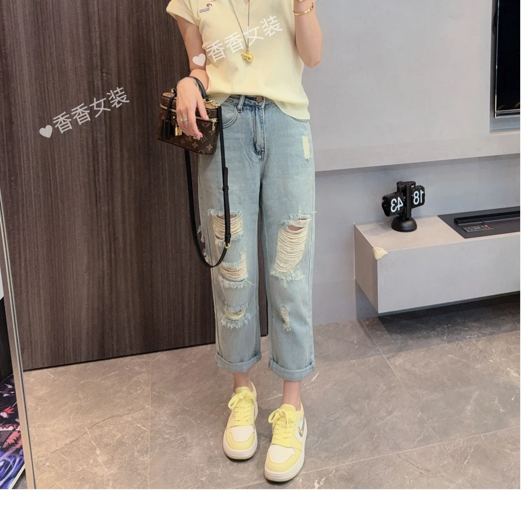 【破界风暴】夏季新款小个子显瘦破洞小板型老爹裤牛仔裤3277