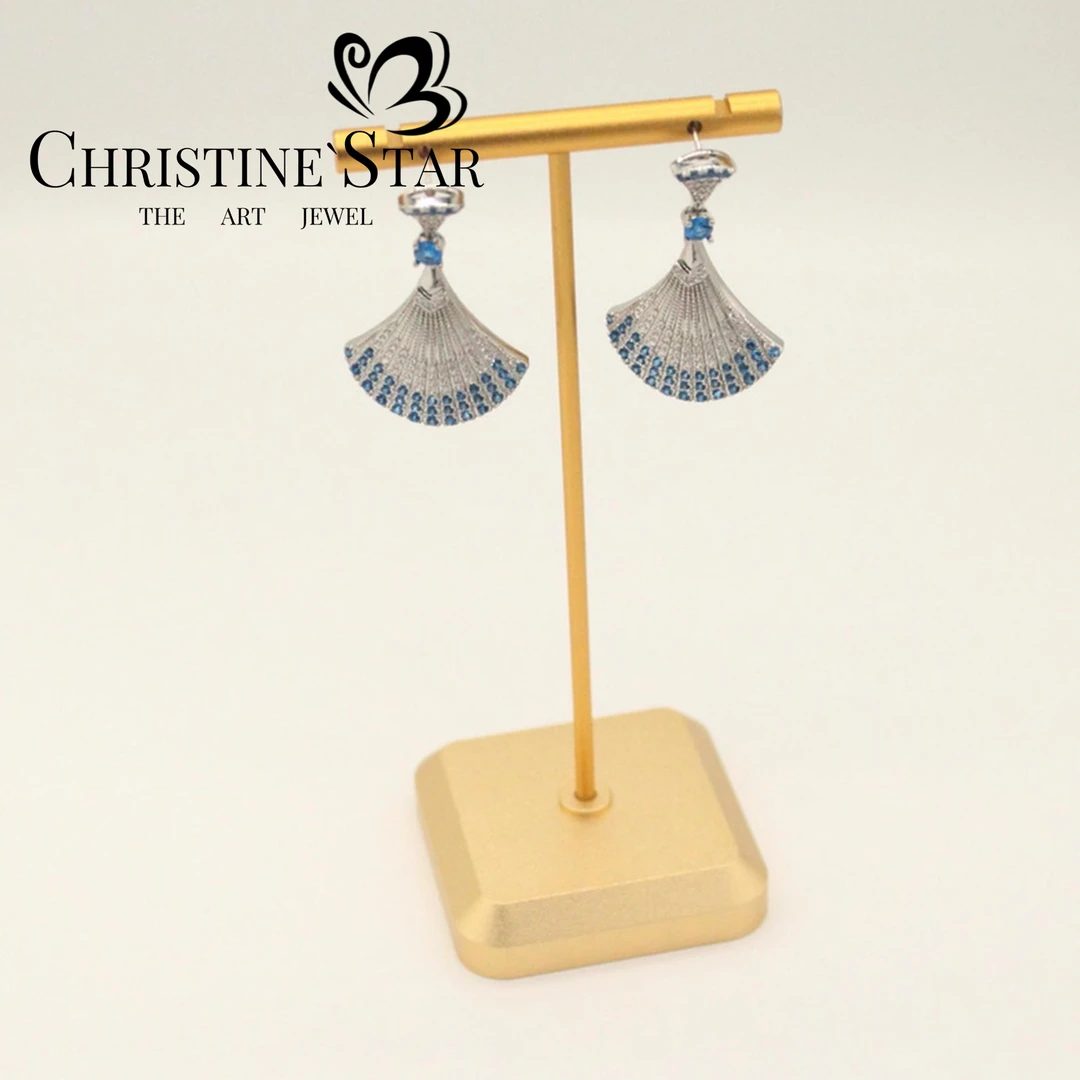 铜合金合成锆石耳饰 J002 扇子蓝色气质名媛耳钉