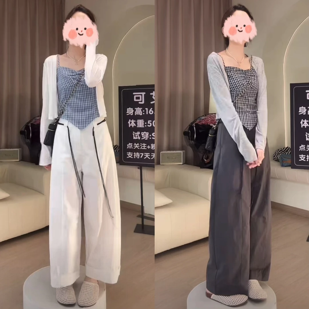 2025夏季新款设计时尚洋气吊带+开衫+显瘦休闲宽松百搭阔腿裤套装