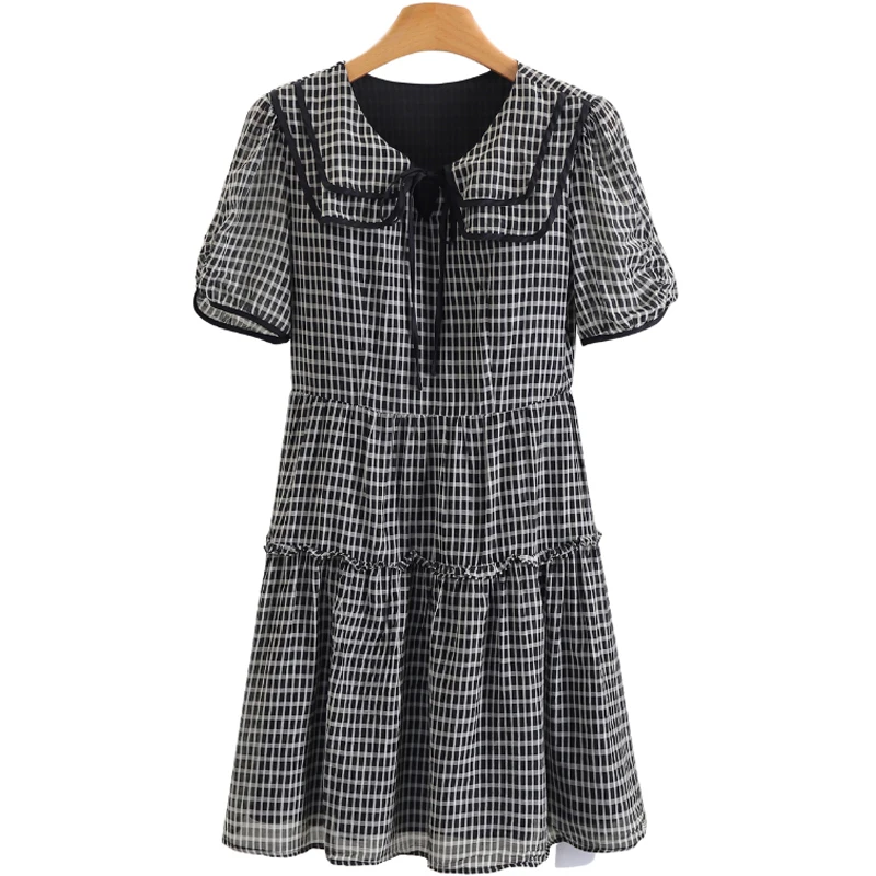 F645-【衣香】学院风黑白格双层翻领连衣裙#WYX56L092