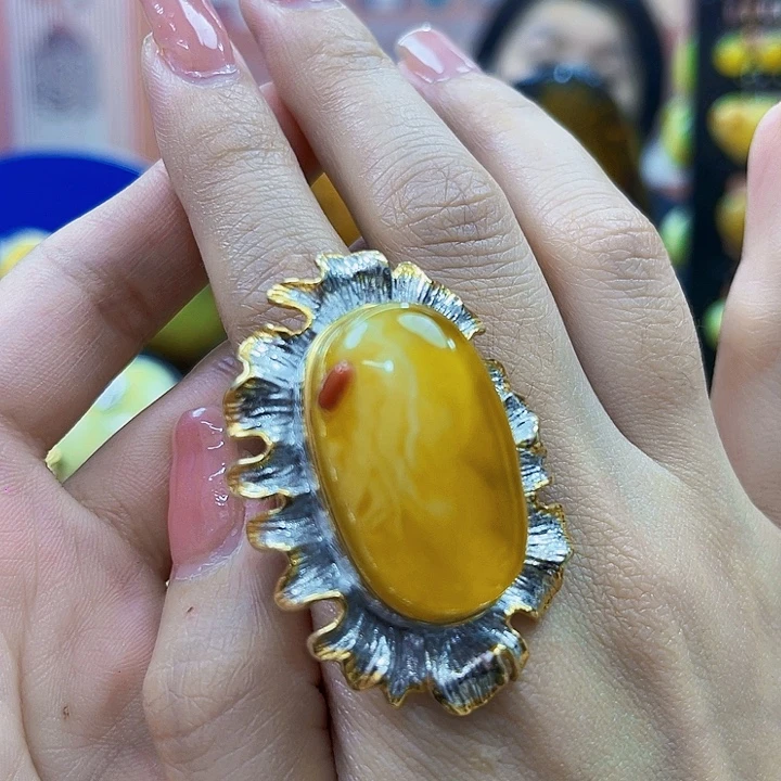 琥珀银S925镶嵌颈饰戒指