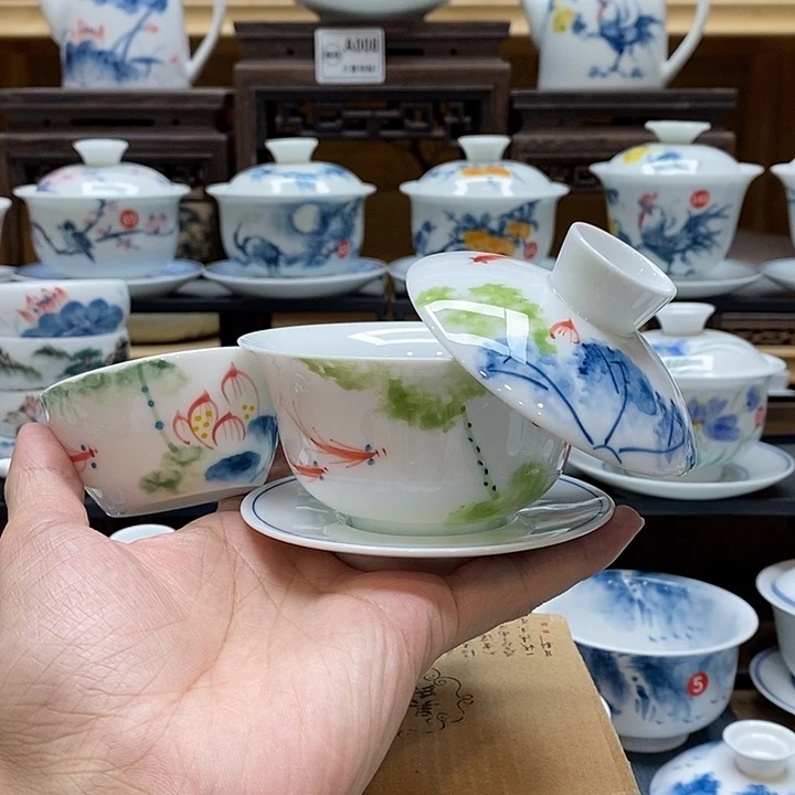 手绘五彩荷花悬停盖碗150cc➕水缸杯釉下彩微瑕福利款