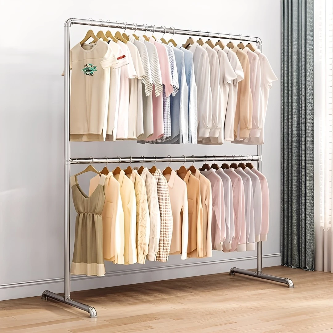 钢管晾衣架落地立式上下双层挂衣架加厚阳台双杆收纳架简易衣帽架