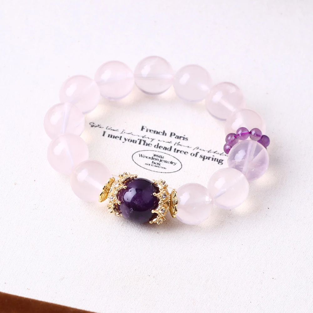 天然莫桑粉水晶13mm手串紫水晶隔珠闺蜜甜美手链D037