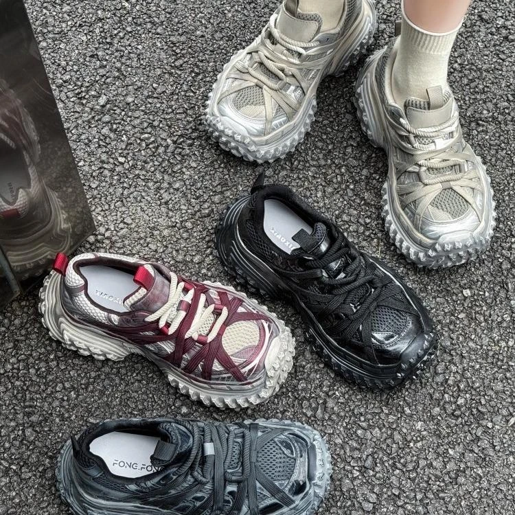 巴家蜘蛛老爹鞋女2024复古做旧脏脏轮胎榴莲厚底休闲运动鞋潮