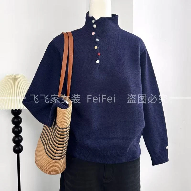 飞飞家～显白彩色扭扭扣！半高领 巨柔软显瘦时尚#针织衫T150藏青