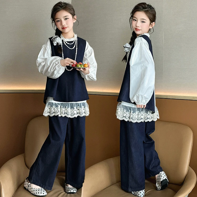 女童套装春秋2025新款衬衫儿童洋气时髦牛仔马甲阔腿裤韩版两件套