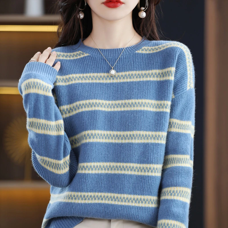 哥弟阿玛施正品秋季新款拼色条纹圆领长袖针织衫女设计感休闲时尚
