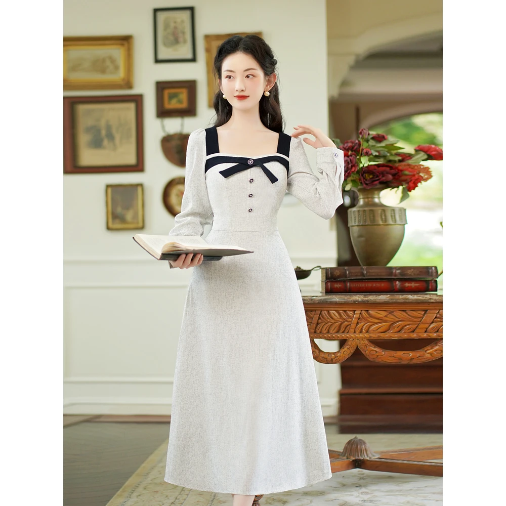 实拍 法式小香风减龄长袖连衣裙女