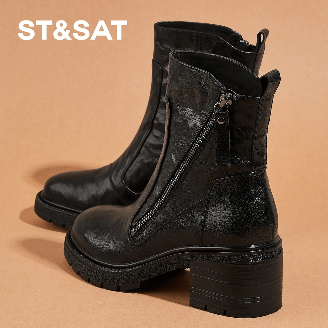 星期六羊皮5cm高跟马丁靴女冬季新款粗跟加绒复古短靴厚底瘦瘦靴