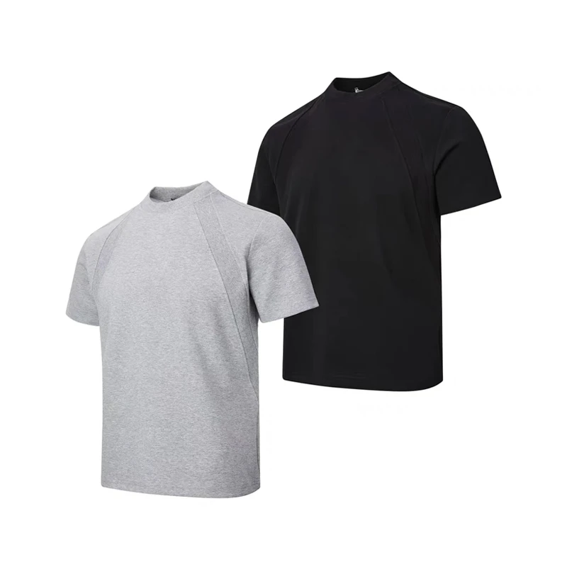 花灰色cleanfit拼接正肩短袖男款夏季小领口重磅t恤美式复古半袖