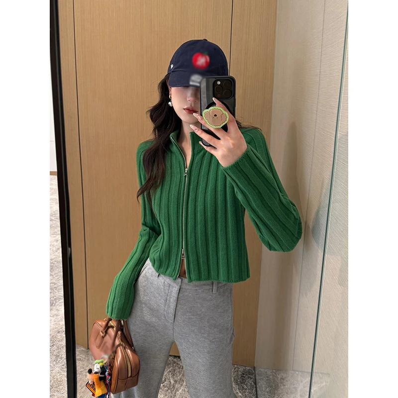 NancyCavally专柜款软糯亲肤舒适 韩系复古双开拉坑条针织开衫女