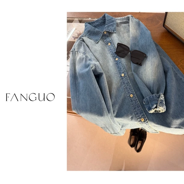 单穿叠搭都需要！100%棉 复古文艺洗水牛仔衬衫女衬衣春款27337